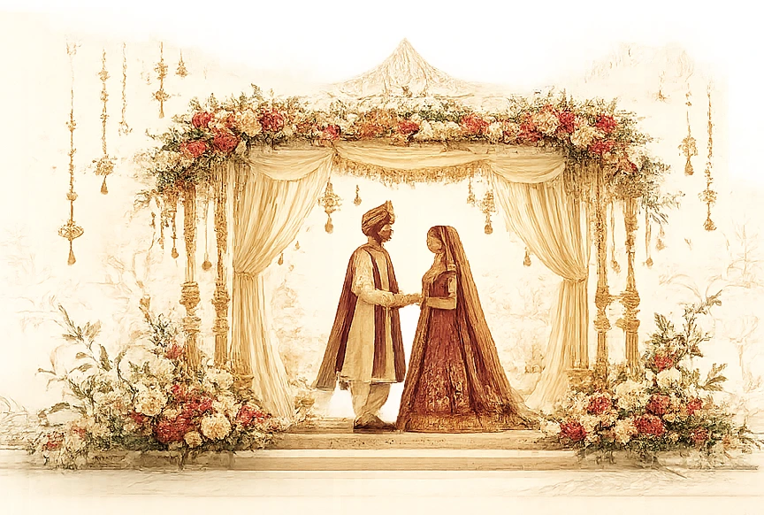 Illustration of an Indian bride and groom beneath a decorated wedding mandap